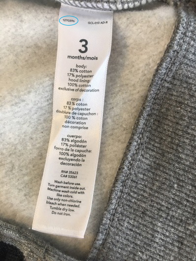 Care tag showing the style number location.
