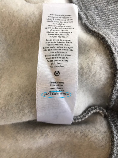 Care tag showing the UPC number location.