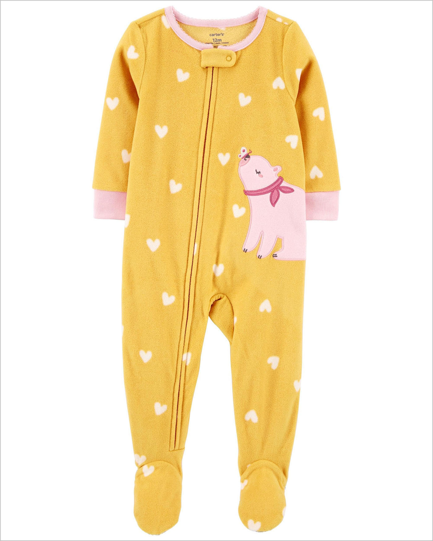 Recalled Carter's infant one-piece fleece footed pajama, yellow with an all-over heart design and an animal graphic.