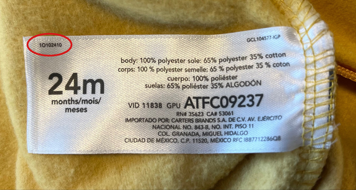 Care tag showing the style number location.