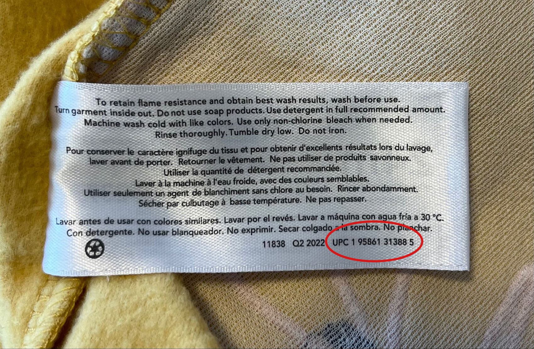 Care tag showing the UPC number location.